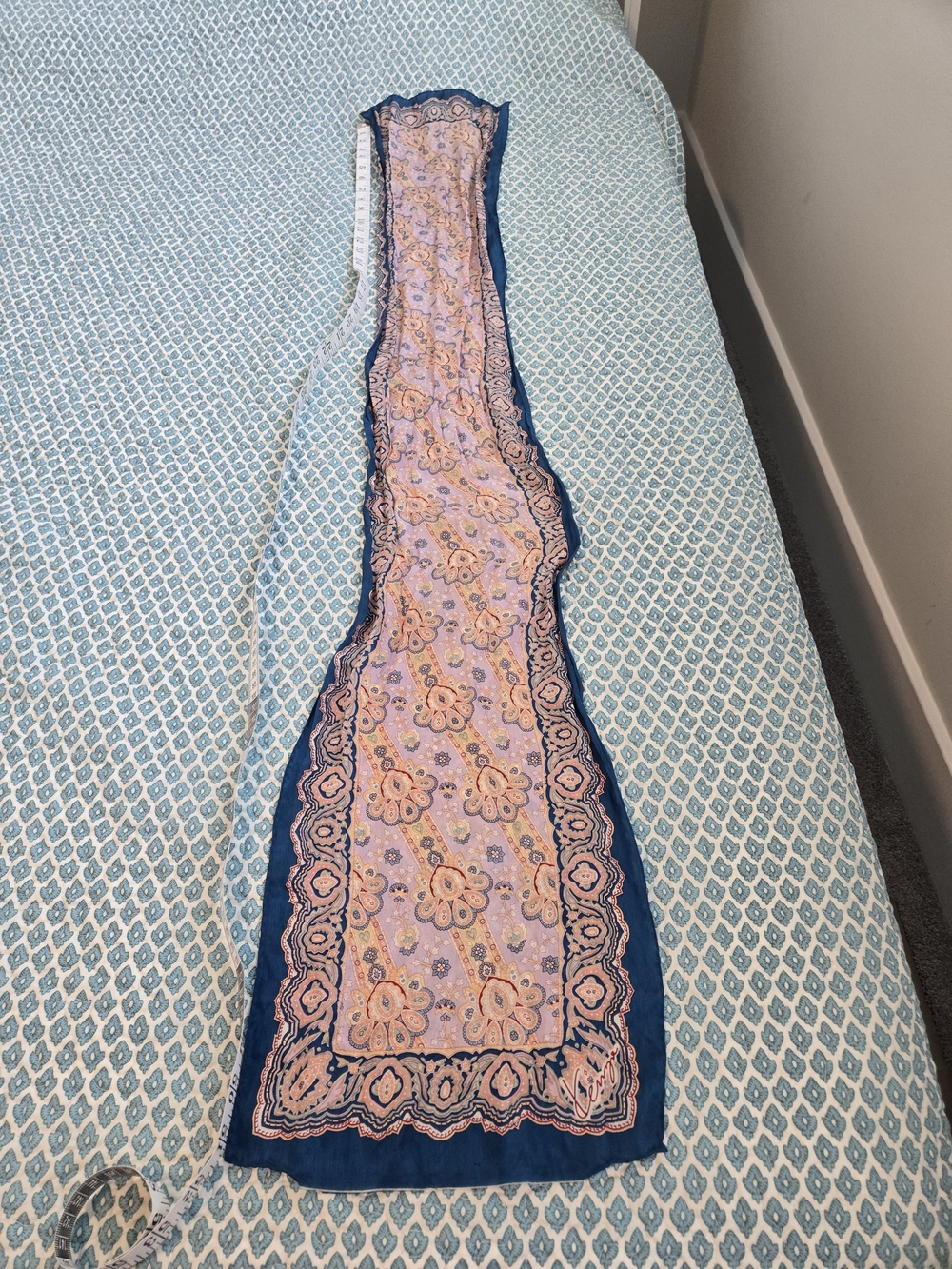 Kenya vintage silk neck/bag scarf Pink Floral Paisley with teal Border